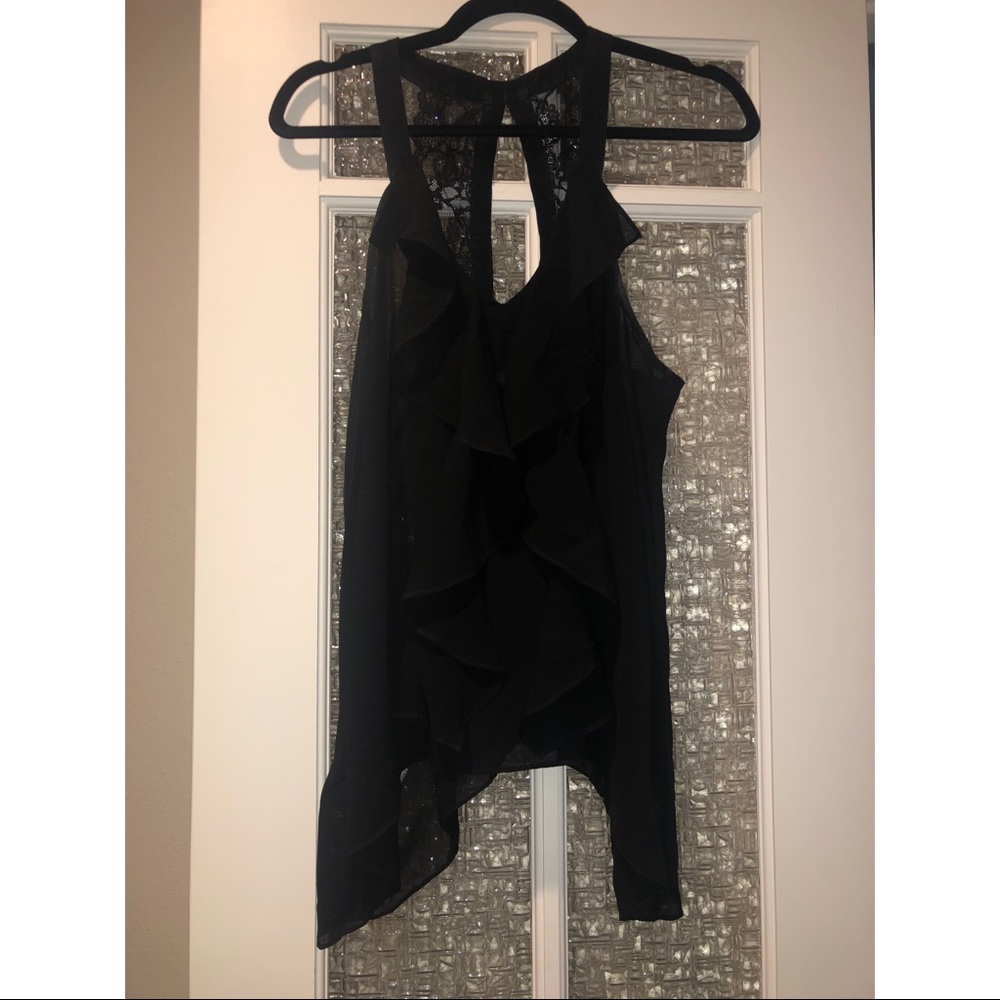 BCBGeneration black chiffon top w/ruffles and lace
